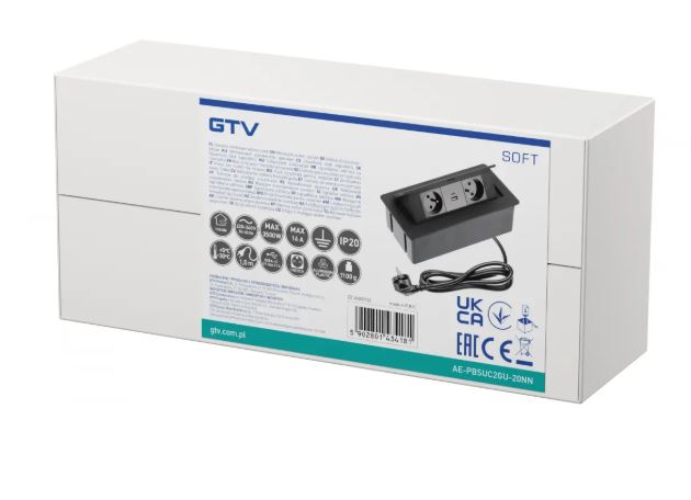 Gniazdo meblowe 2x gniazdo z uziemieniem, USB A+C, kabel zasil. , czarne