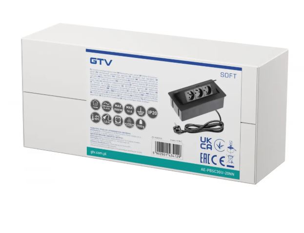 Gniazdo meblowe SOFT 3x z uziemieniem, kabel zasilający, czarne