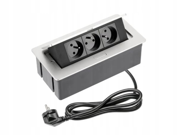 Gniazdo meblowe SOFT 3x z uziemieniem, kabel zasilający, aluminiowe
