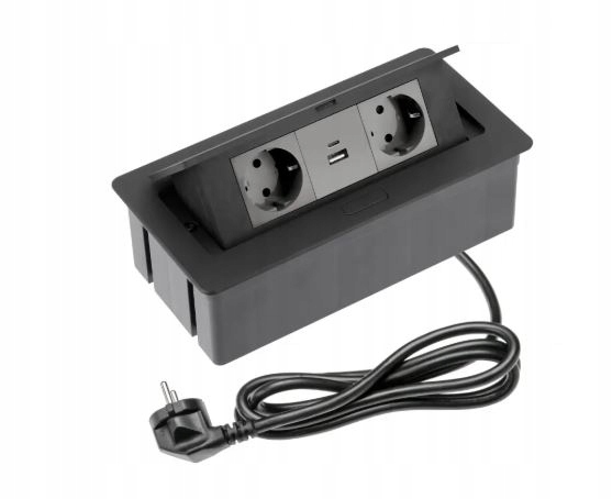 Gniazdo meblowe SOFT 2x bez uziemienia, USB A+C, kabel zasilający, czarne