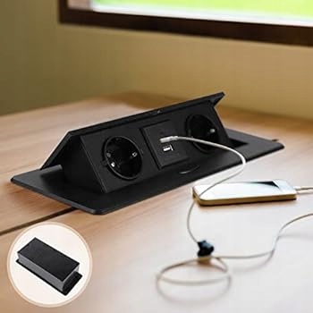 Gniazdo meblowe SOFT 2x bez uziemienia, USB A+C, kabel zasilający, czarne