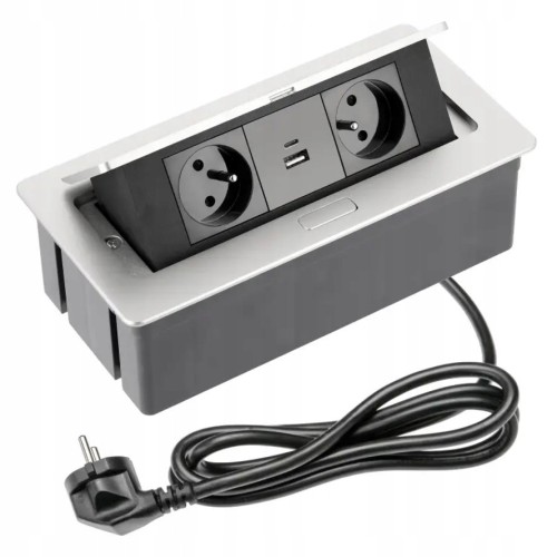 Gniazdo meblowe SOFT 2x z uziemieniem, USB A+C, kabel zasilający, alu
