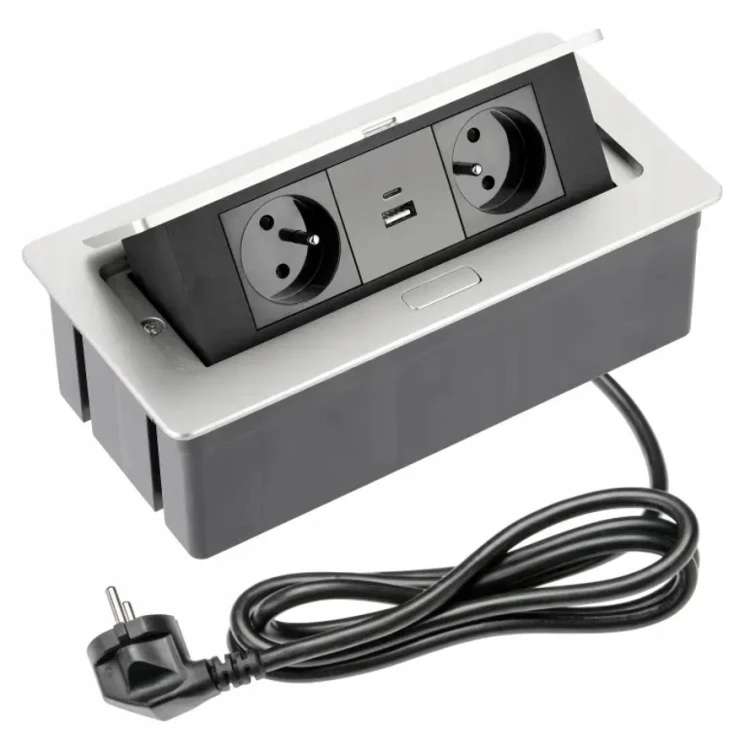 Gniazdo meblowe SOFT 2x z uziemieniem, USB A+C, kabel zasilający, alu
