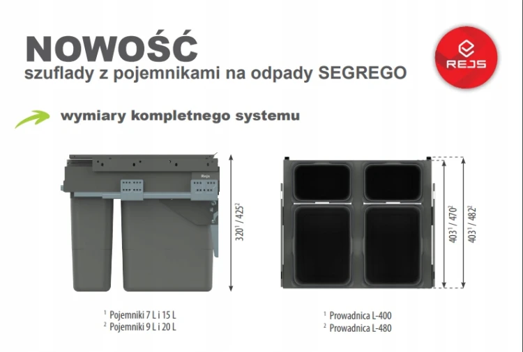Szuflada SEGREGO z pojemnikami na odpady 60x40 Rejs 2x15l WE28.4041.01.924