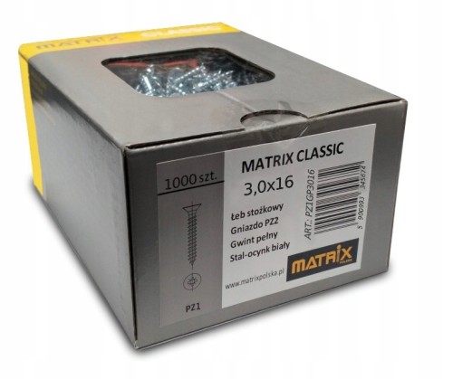 Wkręty Matrix Classic do Drewna 3x16 klasyczne 1000 szt PZ pełny gwint