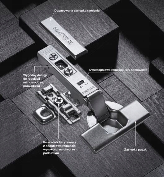 Zawias Hafele METALLA M 540 nakładany z domykiem + prowadnik 3D Klip 110°