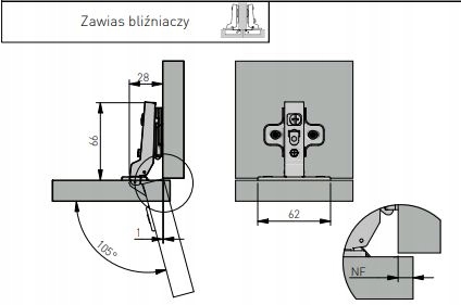 Zawias bliźniaczy GTV wyg 8 z prowadnikiem Push to Open