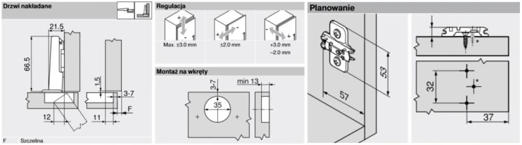 Zawias meblowy nakładany BLUM 70T3550.TL 110' bez sprężyny + PROWADNIK