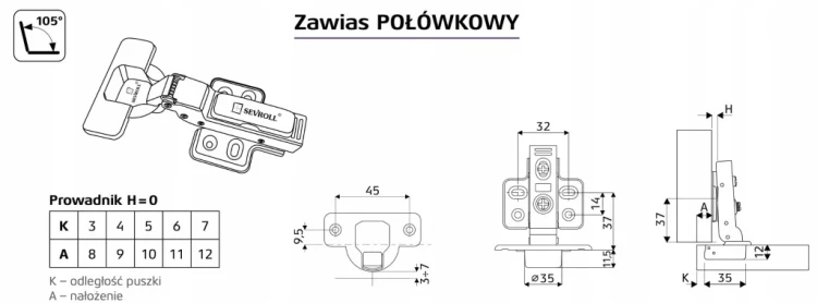 Zawias meblowy bliźniaczy połówkowy Sevroll wygięcie 8 z domykiem