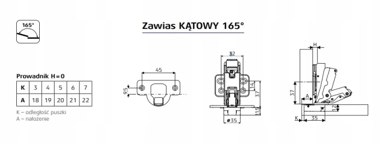 Zawias kątowy 165° Sevroll , kombajn cichy domyk,