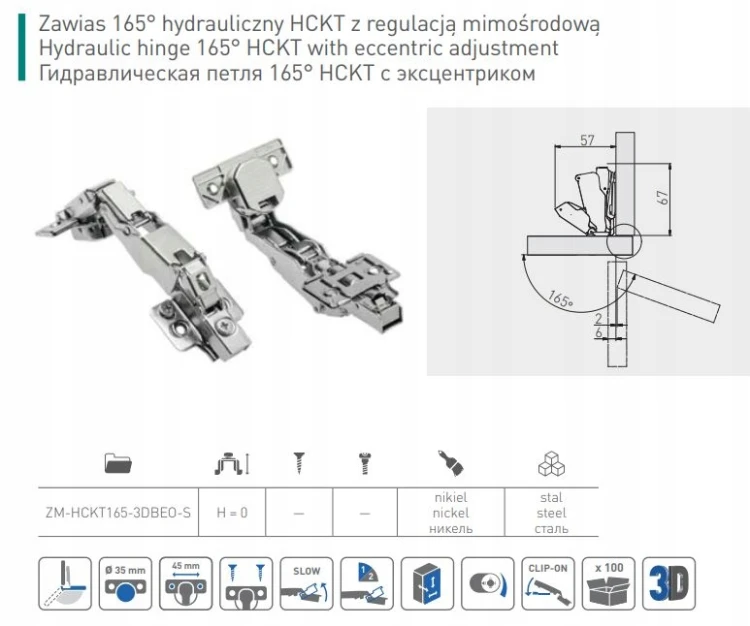 Zawias meblowy kątowy 165' hydrauliczny GTV