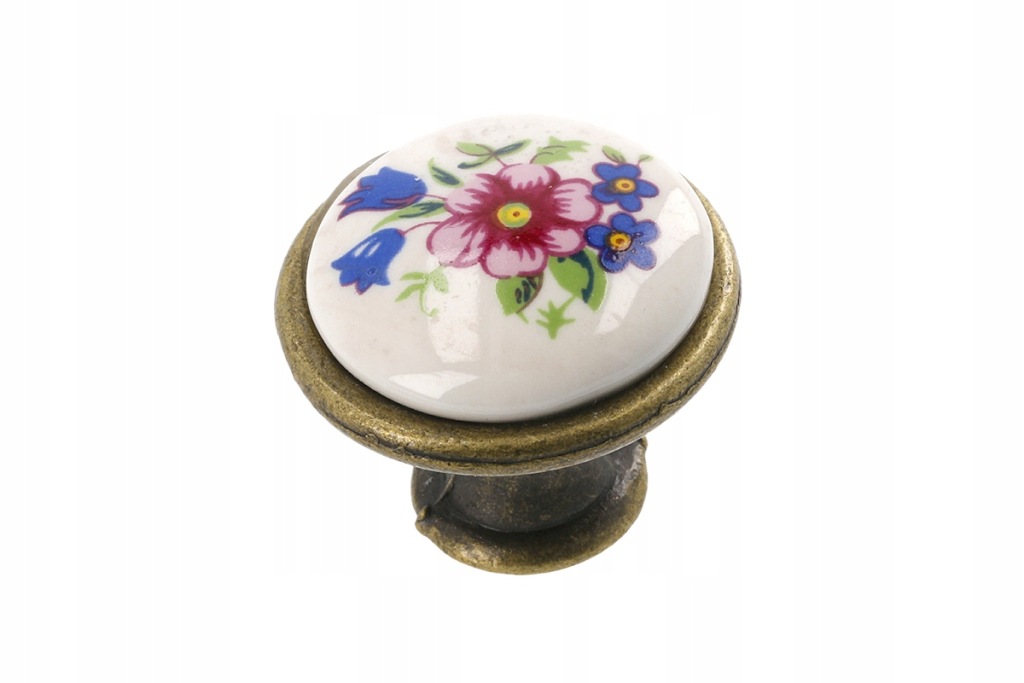 Gałka meblowa GTV retro porcelana, różowy kwiatek stare złoto spring flower