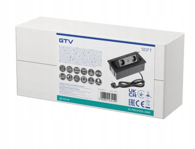 Gniazdo meblowe SOFT 2x bez uziemienia, USB A+C, kabel zasilający, czarne
