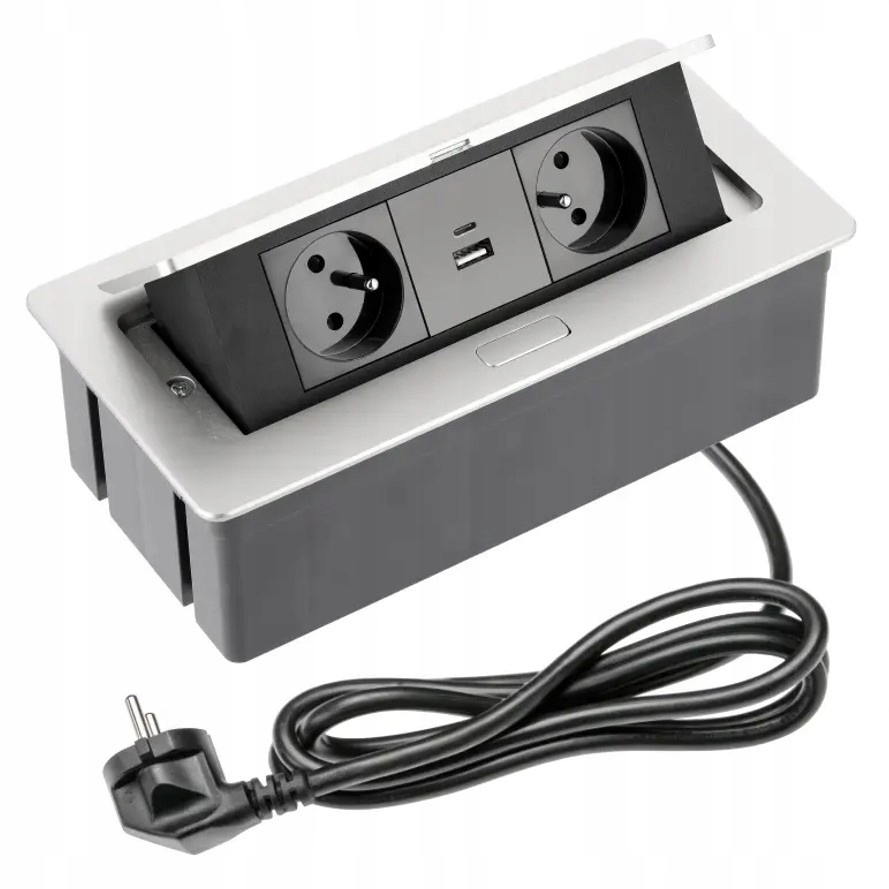 Gniazdo meblowe SOFT 2x z uziemieniem, USB A+C, kabel zasilający, alu