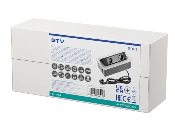 Gniazdo meblowe SOFT 2x z uziemieniem, USB A+C, kabel zasilający, alu