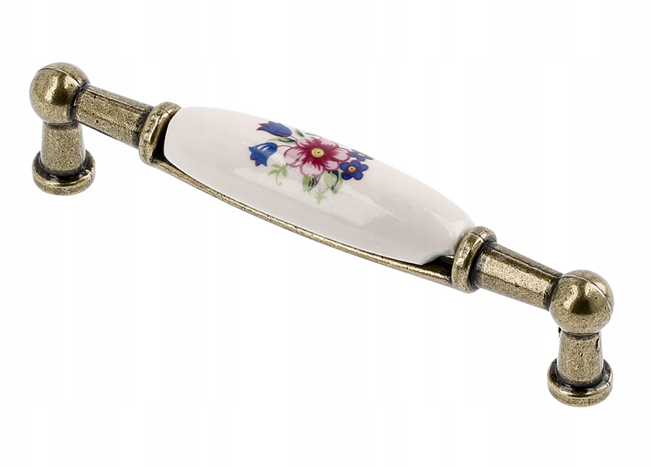 Uchwyt meblowy GTV, retro porcelanowy, różowy kwiatek, antyczny mosiądz