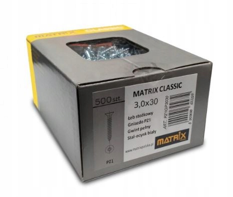Wkręty Matrix Classic do Drewna 3x30 klasyczne 500 szt PZ pełny gwint